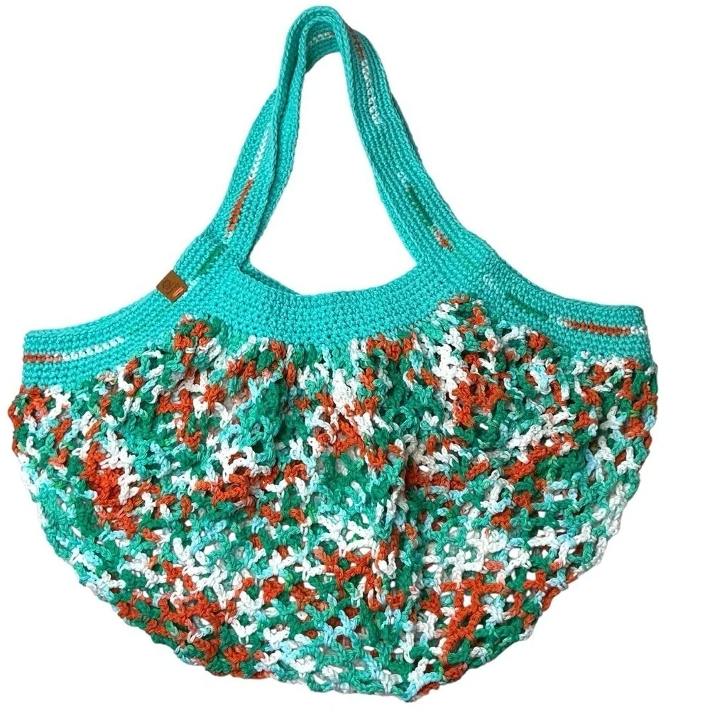 Large‎ Crochet Mesh Market Bag Teal White Cotton Handcrafted Handmade Reusable